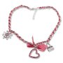 Bavarian style necklace with bow and three different pendants (heart, edelweiss and handbag) with rhinestones, pink