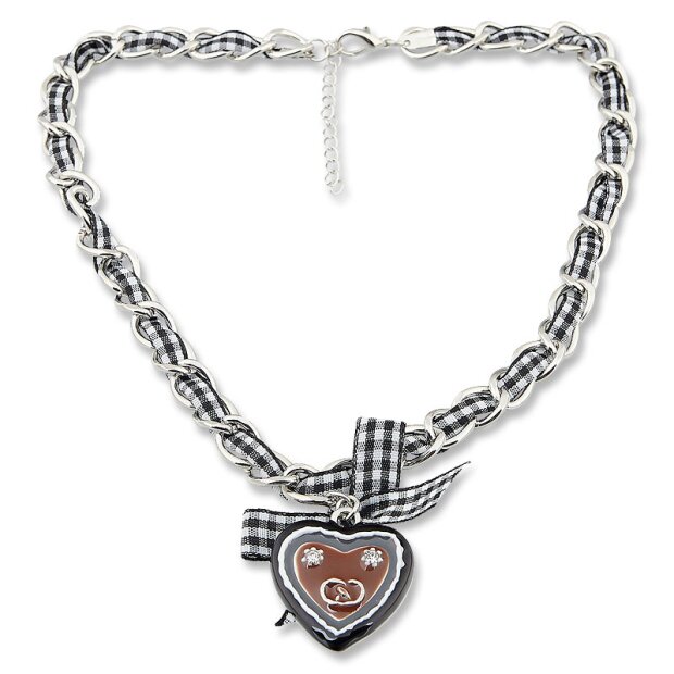 Bavarian style necklace with black/white checkered ribbon with bow and black heart pendant