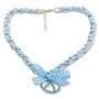 Edelweiss bavarian style necklace, checkered ribbon, with pretzel pendant with rhinestones and bow, light blue