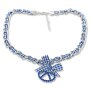 Edelweiss bavarian style necklace, checkered ribbon, with pretzel pendant with rhinestones and bow, blue