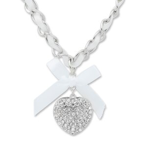 Bavarian style necklace with bow and heart pendant with rhinestones, white