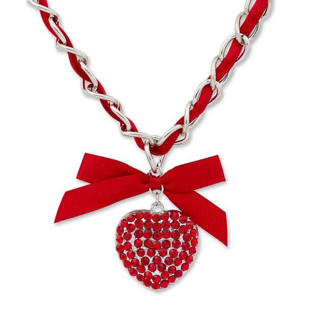Bavarian style necklace with bow and heart pendant with rhinestones, red