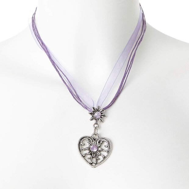 Edelweiss Trachten chain necklace heart pendant with rhinestones 43 cm lilac S-0180 (028-04-15 / 16)