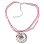 Bavarian style necklace with round silver pendant with rhinestones and lettering &quot;Edelweib&quot;, fuchsia