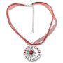 Bavarian style necklace with round silver pendant with rhinestones and lettering &quot;Edelweib&quot;, red