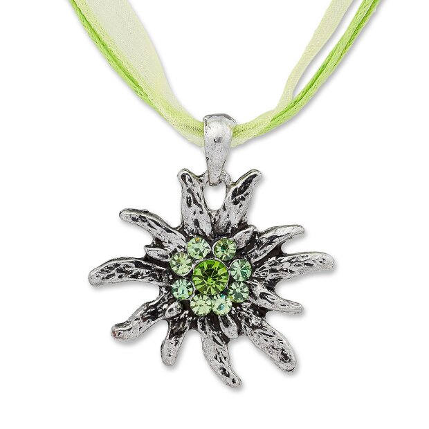 Edelweiss Trachten ladies chain pendant with rhinestones, necklace green apple green