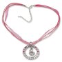 Bavarian style necklace with round silver pendant with rhinestones and lettering &quot;Freiwild&quot;, fuchsia