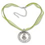 Bavarian style necklace with round silver pendant with rhinestones and lettering &quot;Freiwild&quot;, apple green