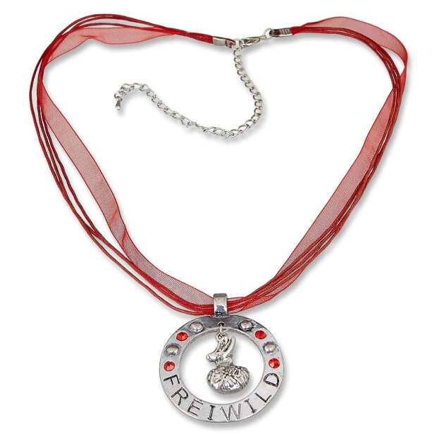 Bavarian style necklace with round silver pendant with rhinestones and lettering &quot;Freiwild&quot;, red