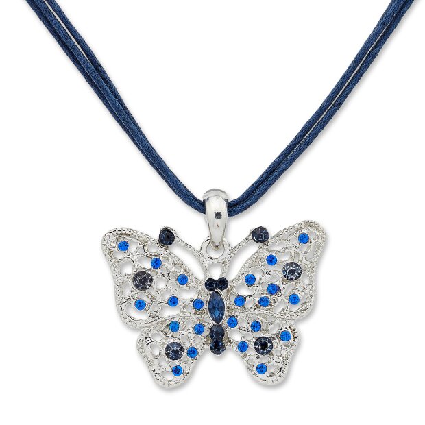 Womens necklace with butterfly, rhinestones, Edelweiss traditional costumes, blue