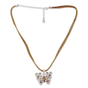 Womens necklace with butterfly, rhinestones, Edelweiss traditional costumes, brown / topaz