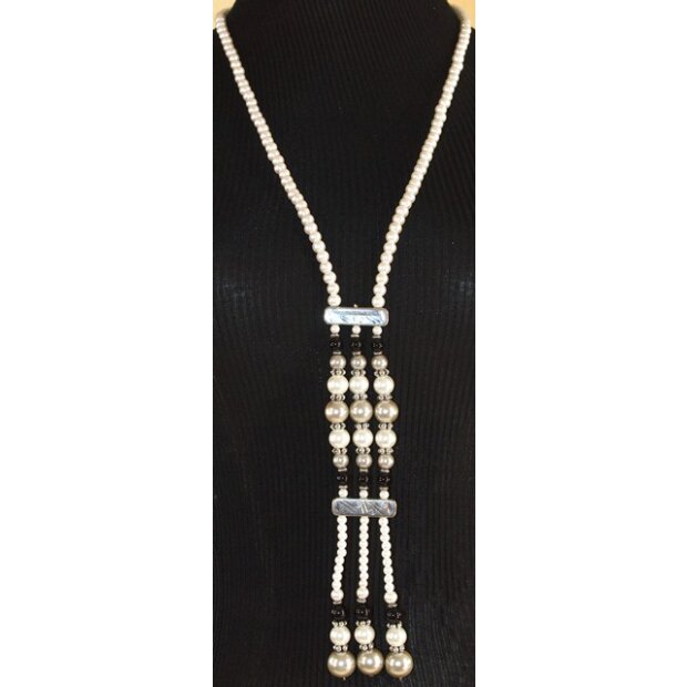 PerlenKette Wei&szlig;/Grau, lange Perlenkette, Perlenanh&auml;nger, verstellbarer Verschluss
