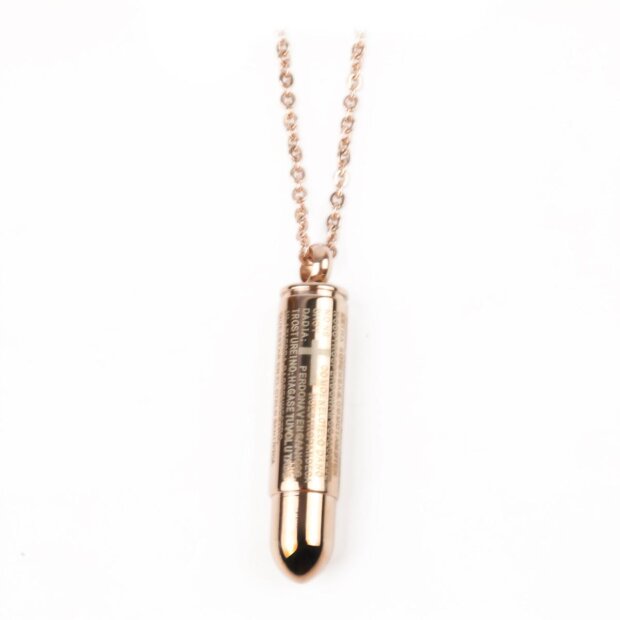 Stainless steel necklace with cartridge sleeve pendant, Tillberg design, unisex, Spanish prayer print &quot;Our Father&quot;, ros&eacute;