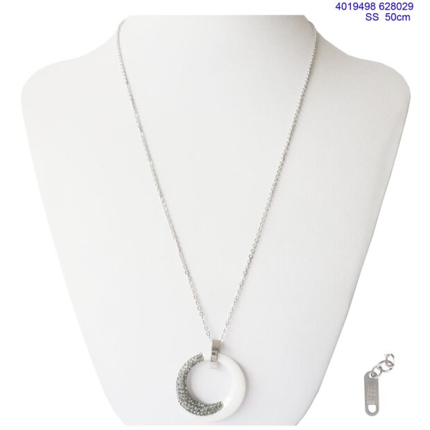 Stainless steel necklace with round pendant with rhinestones