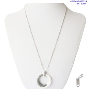 Stainless steel necklace with round pendant with rhinestones