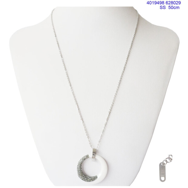 Stainless steel necklace with round pendant with rhinestones silver