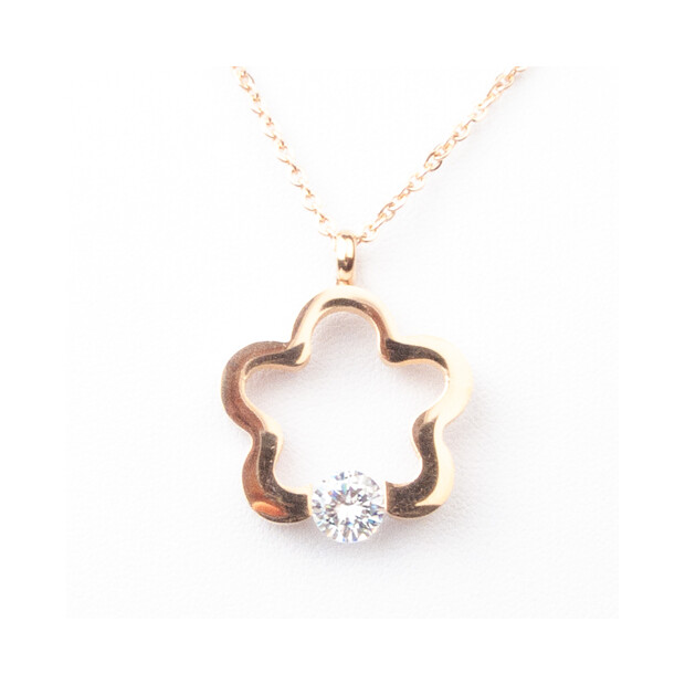 Necklace rose gold stainless steel, pendant, flower design, rhinestone, long chain, adjustable