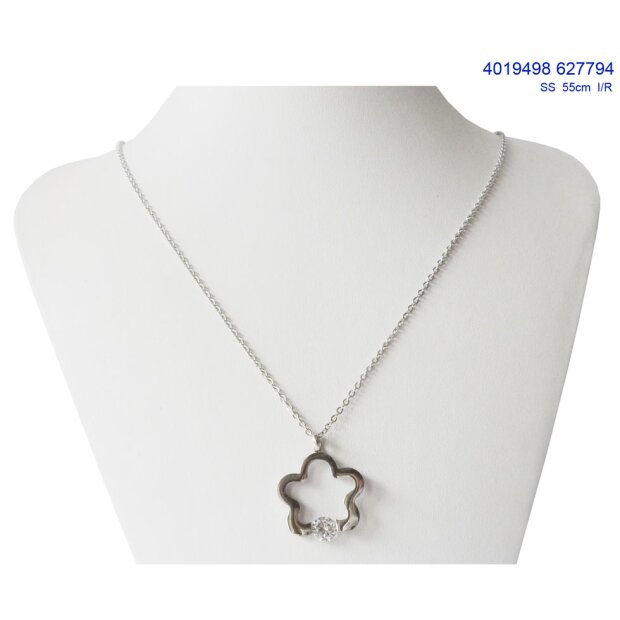 Necklace Slber stainless steel, pendant, flower design, rhinestone, long chain, adjustable