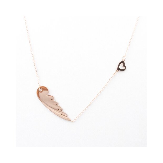 Necklace stainless steel wings and heart, filigree necklace rose gold