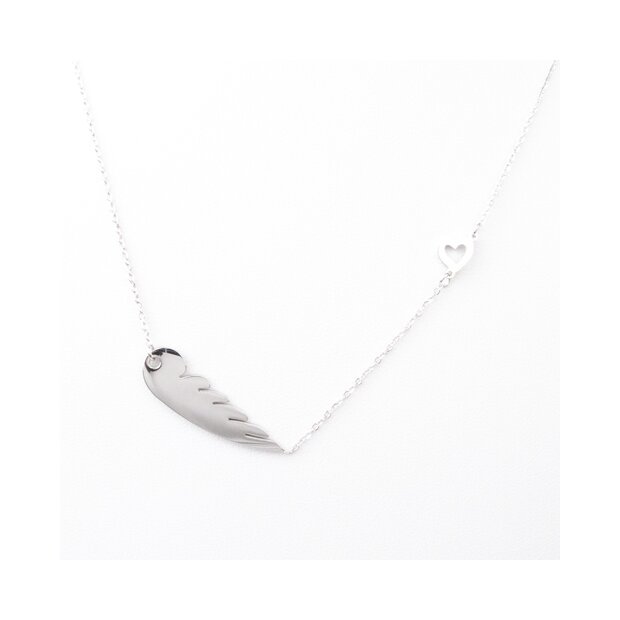 Necklace stainless steel wings and heart, filigree necklace silver