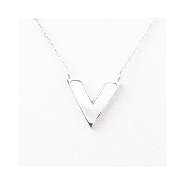 Halskette Silber Edelstahl mit einem perlmutt farbenen V Anh&auml;nger