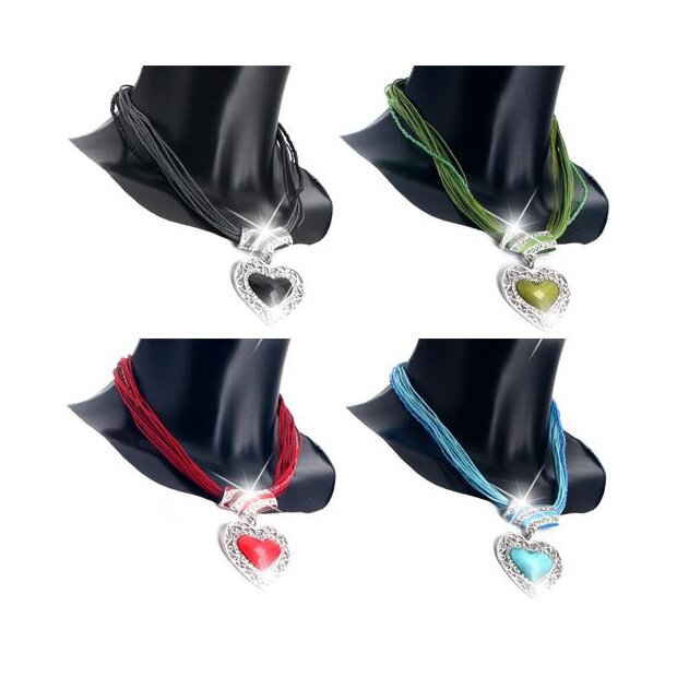 Bavarian style necklace, filigree heart pendant with rhinestones, multi band chain