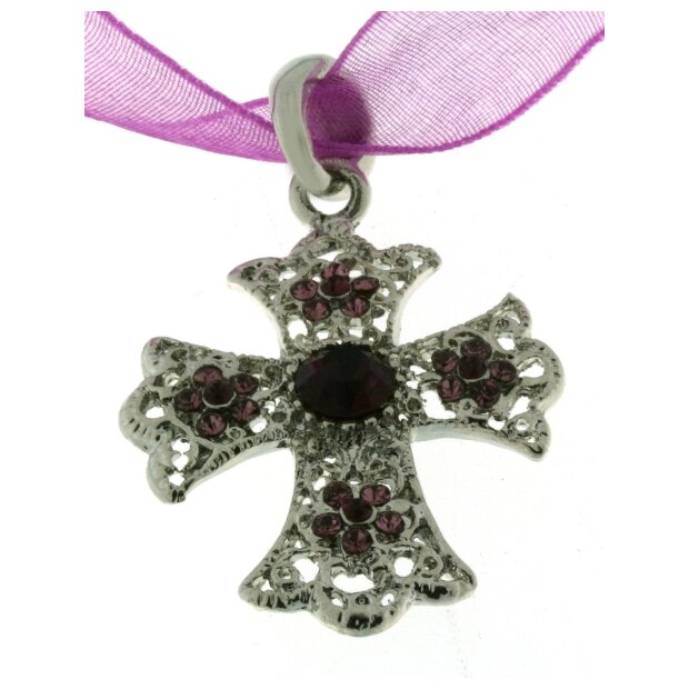 Kreuz an Textilkette rhodium/violet L&auml;nge 45cm
