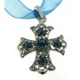 Cross on textile chain rhodium / blue length 45cm