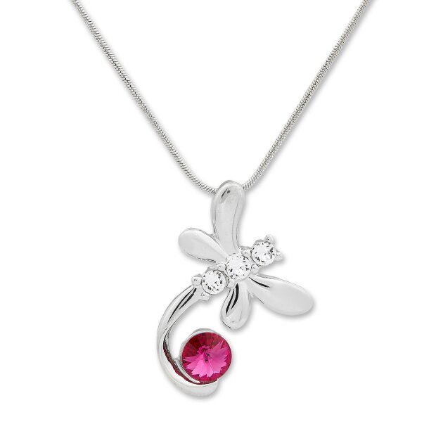Tillberg necklace with large dragonfly and Swarovski stones, playful, crystal / fuchsia 029-06-01