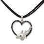 Edelweiss traditional costume necklace, black, leather cord, heart with deer pendant with rhinestones 027-06-11