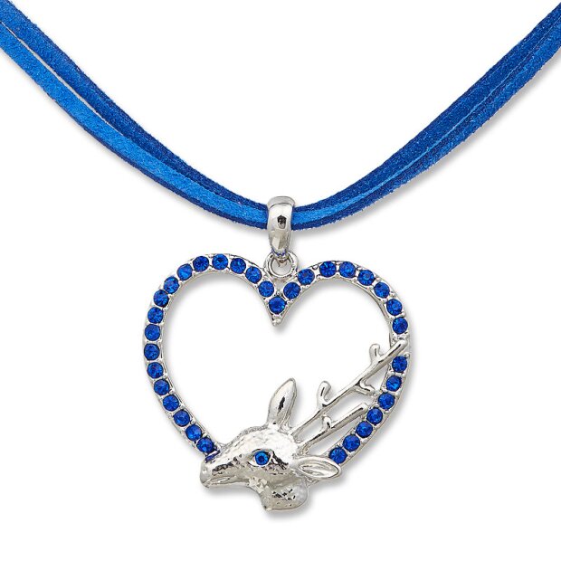 Edelweiss costume necklace, dark blue, leather strap, heart with deer pendant with rhinestones 027-06-14