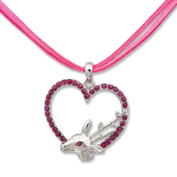 Edelweiss traditional costume chain, fuchsia, leather cord, heart with deer - pendant with rhinestones 027-06-12