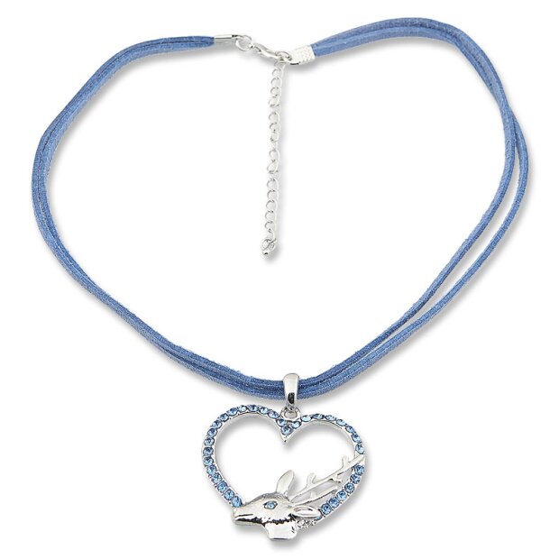 Edelweiss traditional costume chain, blue, leather cord, heart with deer pendant with rhinestones 027-06-16