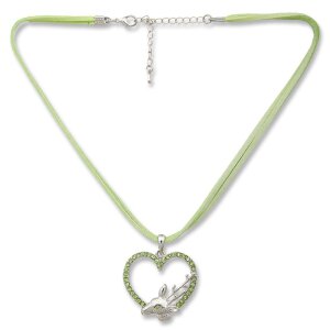 Edelweiss costume necklace, apple green, leather strap, heart with deer - pendant with rhinestones S-0184 027-06-19