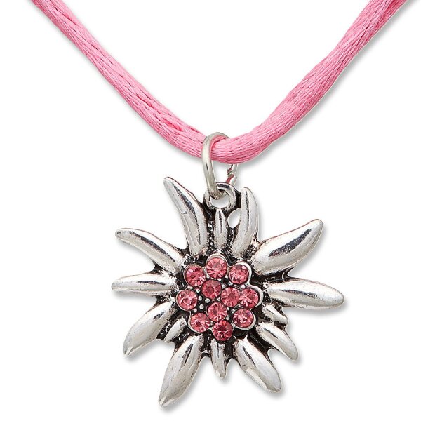 Edelweiss traditional costume chain, pink, cord made of satin with pendant with rhinestones 027-07-07