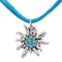 Edelweiss costume necklace, turquoise blue, satin cord with pendant with rhinestones 027-07-09