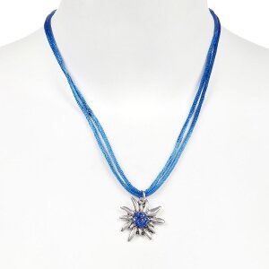 Edelweiss traditional costume necklace, cord made of satin, dark blue, pendant with rhinestones 027-07-06
