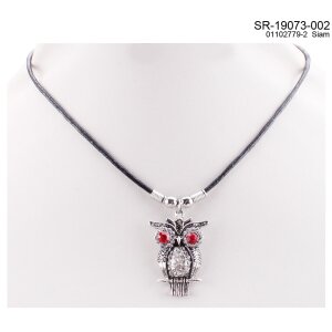 Leather necklace with owl-holder for ladies by Venture, owl eyes with clear rhinestones