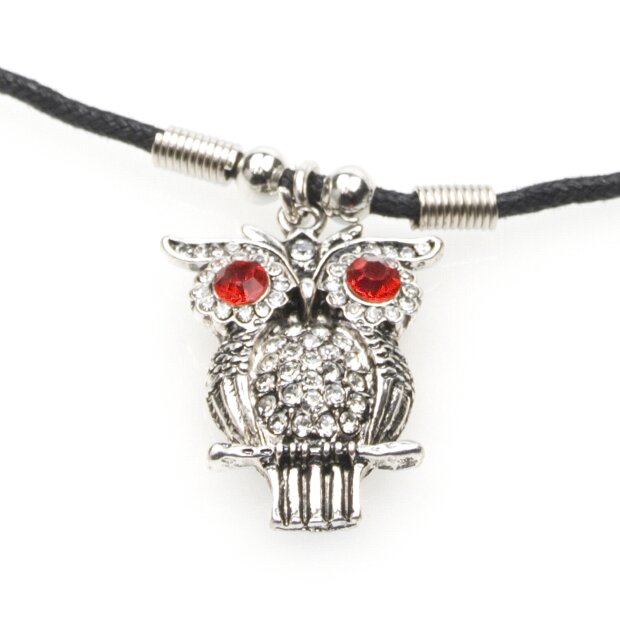 Leather necklace with owl-holder for ladies by Venture, owl eyes with tomato red rhinestones
