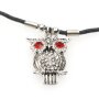 Leather necklace with owl-holder for ladies by Venture, owl eyes with tomato red rhinestones