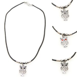 Leather necklace with owl-holder for ladies by Venture, owl eyes with clear rhinestones