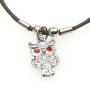 Leather necklace with owl-holder for ladies by Venture, owl eyes with red rhinestones