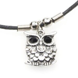Leather necklace with owl-holder for ladies by Venture, owl eyes with black rhinestones, owl body with clear rhinestones