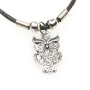 Leather necklace with owl-holder for ladies by Venture, owl eyes with clear rhinestones Wei&szlig;,54,5cm