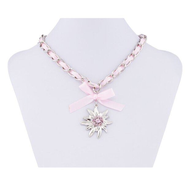 Edelweiss costume necklace, black and white checkered with bow and pendant light pink