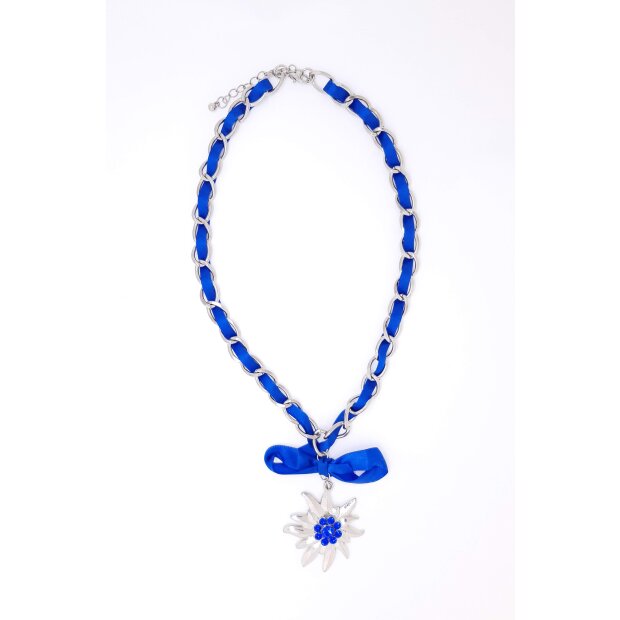 Edelweiss Trachten Damen Halskette Stoffband Edelweiss-Anh&auml;nger Messing 42 cm Blau 143-2-4