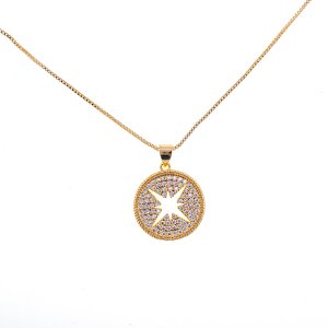 Necklace with round pendant and rhinestones, length 49cm