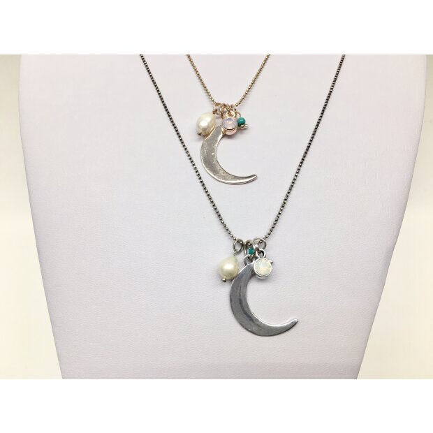 Long necklace with crescent moon and pearl pendant length 62cm