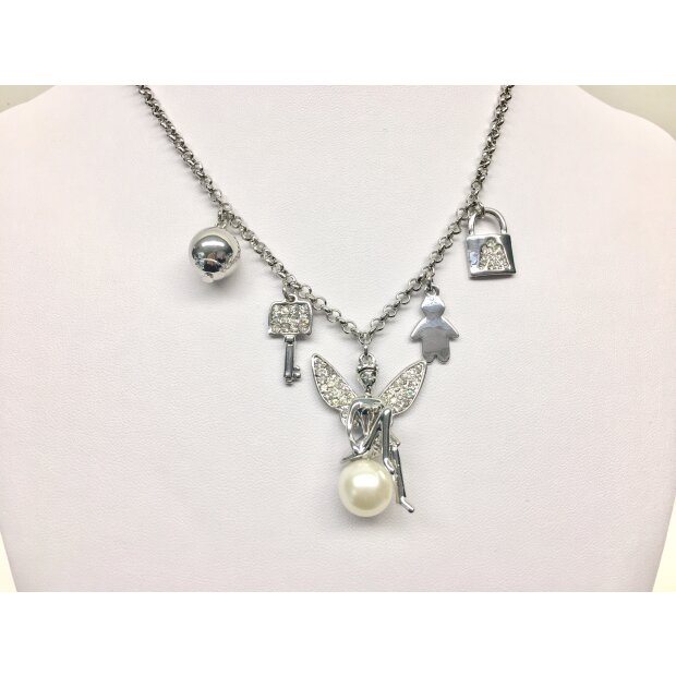 Necklace with fairy sitting on pearl, lock and key pendant,length 47cm