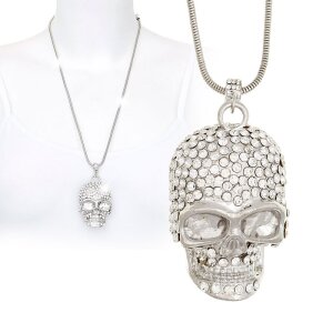 Necklace with a large skull pendant with rhinestones,...